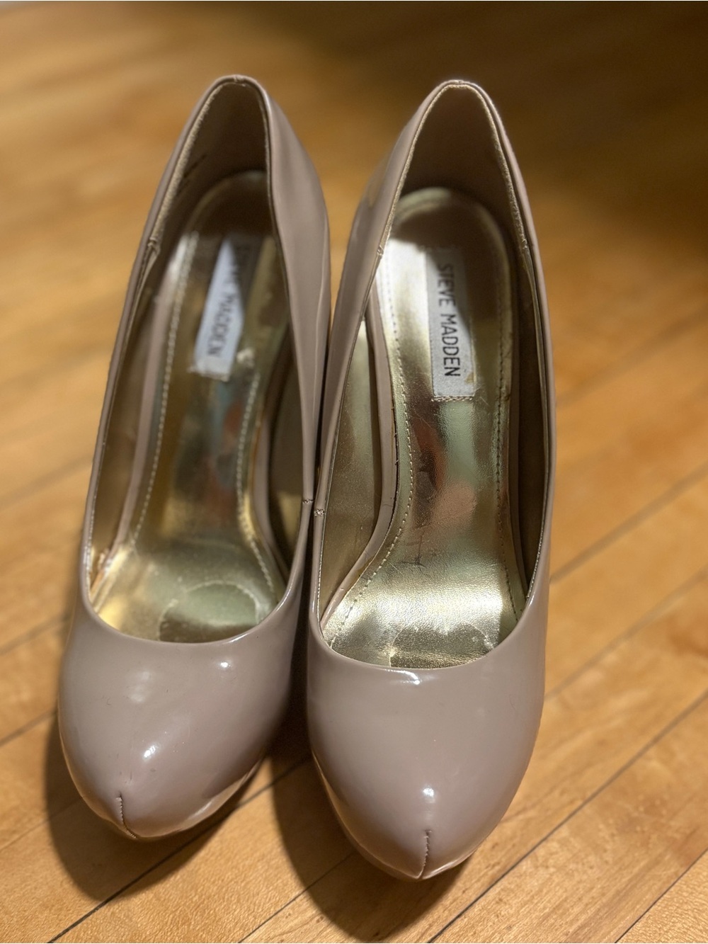 Steve Madden Taupe Patent Platform Pumps